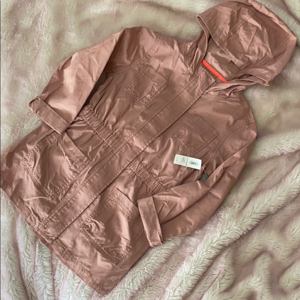 Pink khaki light weight cinched waist windbreaker